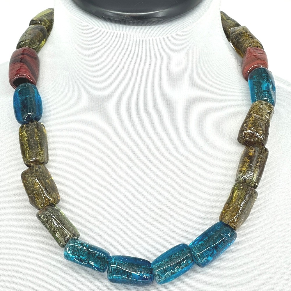 Chunky Handmade Glass Beads Necklace Multi Color Leather Cord Statement Jewelry
